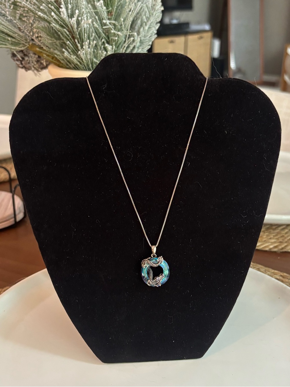 925 Sterling Silver Dragon Pendant Necklace Blue Crystal Circle Adjustable 20"